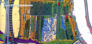 Biotoptypen-Karte (UVS, 1992): die schräg gestreiften Flächen sind verschiedene Obstbaumflächen, blau = Gewässer, grün = Grünländer, orange-braun = Brachen. Am rechten Rand die Süderelbe, am linken Rand die Autobahn 7, blau-rot gestreift = Kirche und Friedhof Altenwerder